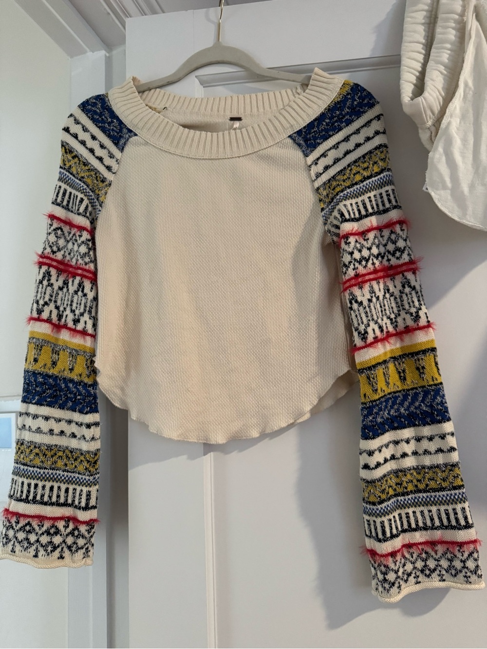 Free People Cream Pullover with Patterned Blue, Yellow & Red Sleeves